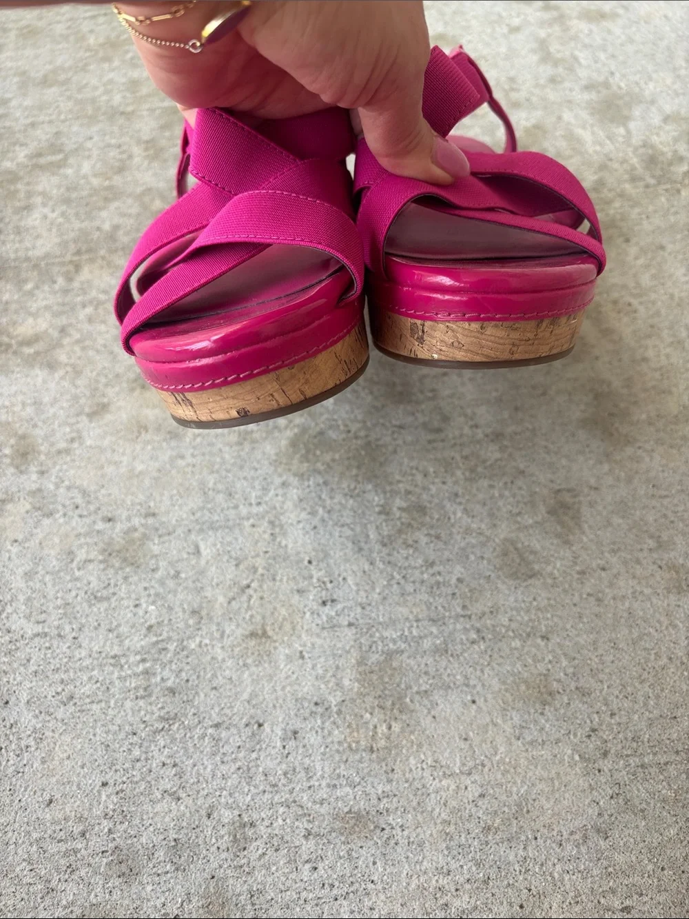 Laura Ashley Bright Pink Elastic Crossover Cork Wedge Sandals